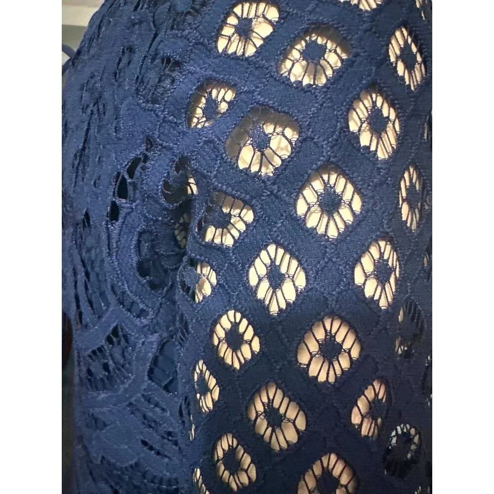 Navy Blue Lace Long Sleeve VNeck Lace Chiffon Dress Flared Sleeves Back Tie Sz S - Picture 5 of 10